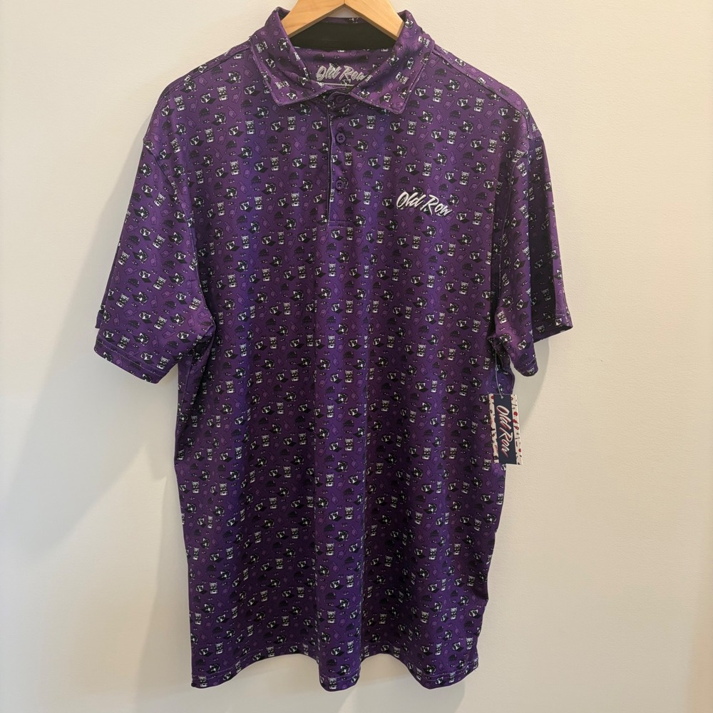 Old Row Mens #1 Pregamer Printed Polo Purple Tailgate Novelty Shirt 2XL NWT